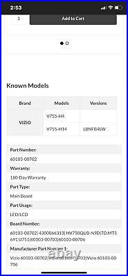 Vizio V755-H4 (LBNFB4KW) Main Board TD. MT5691. U751 / 60103-00706 / 60103-00702
